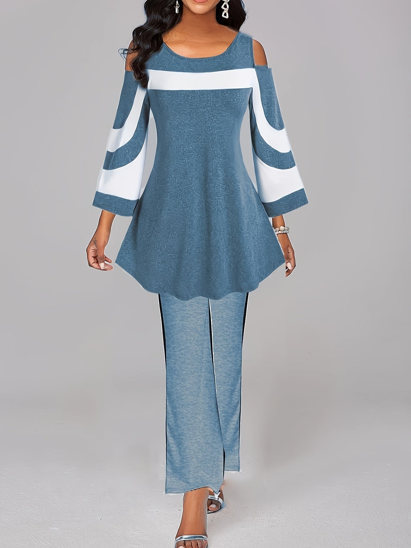 Colorblock Cold Shoulder Top & Flared Leg Pants Set