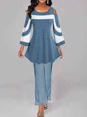 Colorblock Cold Shoulder Top & Flared Leg Pants Set
