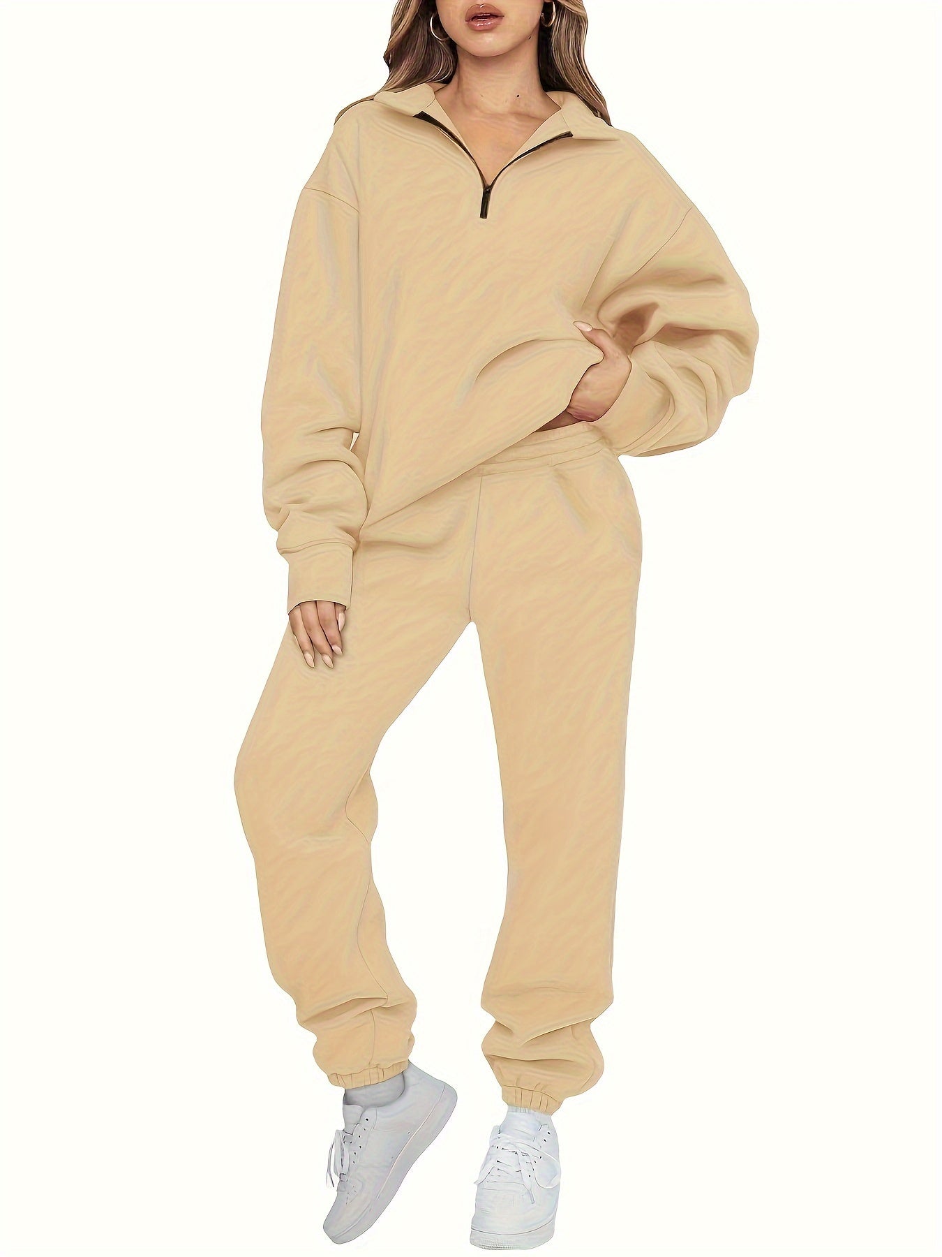 Zip Up Pullover Top & Joggers Set for Women