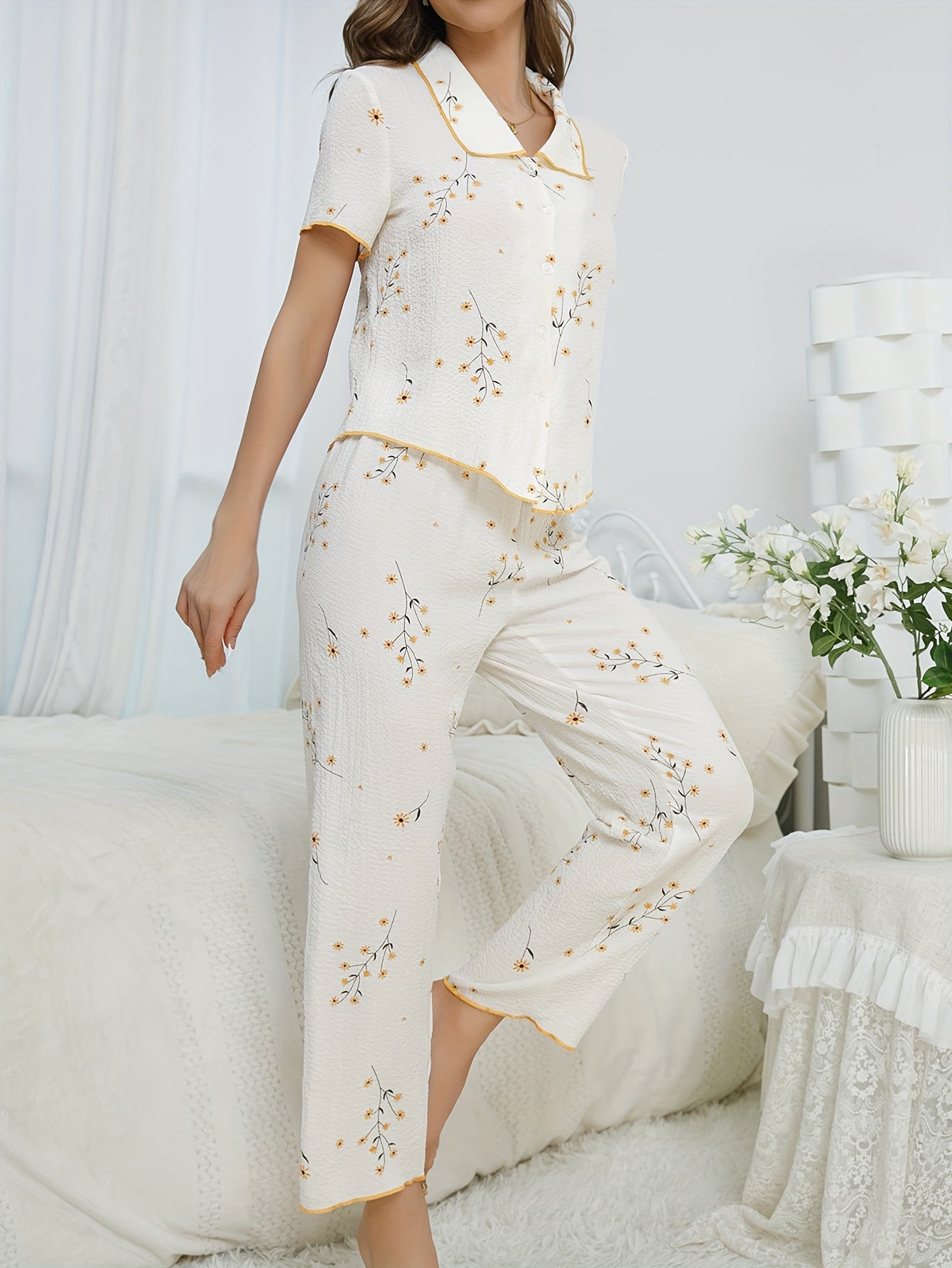 Floral Print Pajama Set Short Sleeve Top & Pants