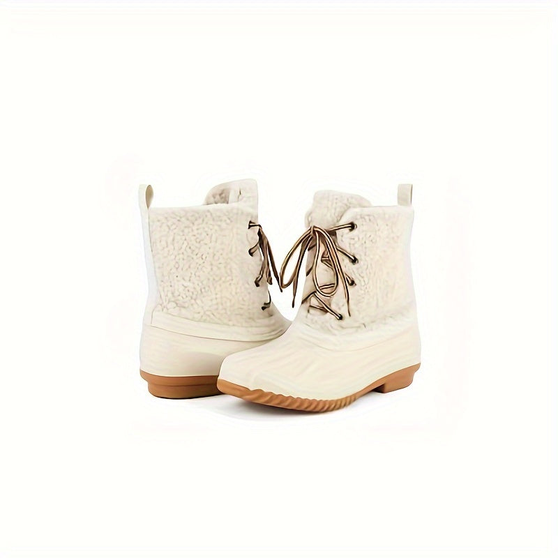 Women's Lace up Waterproof Winter Duck Boots Faux Fur Mid Calf Boots