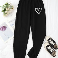 Heart & Paw Print High Waist Pants Casual Elastic Waist Pants