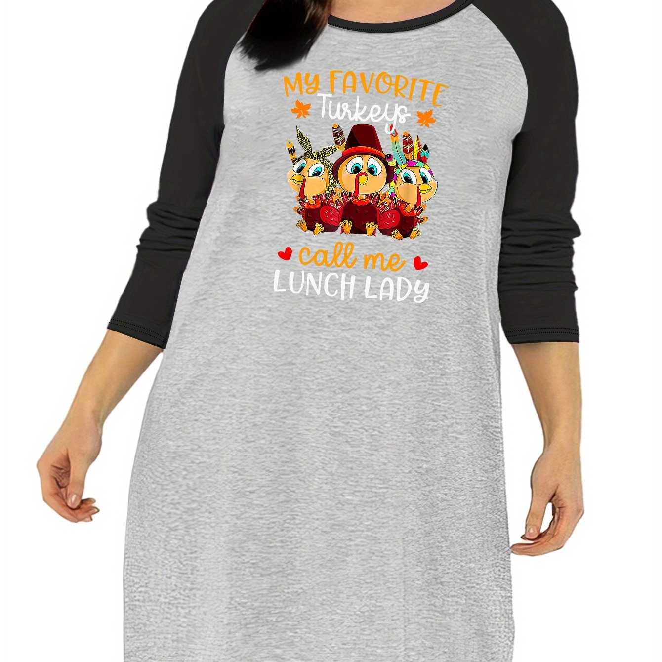 Nightdress Women's Plus Funny Turkey Print Raglan Sleeve Sleep Dress