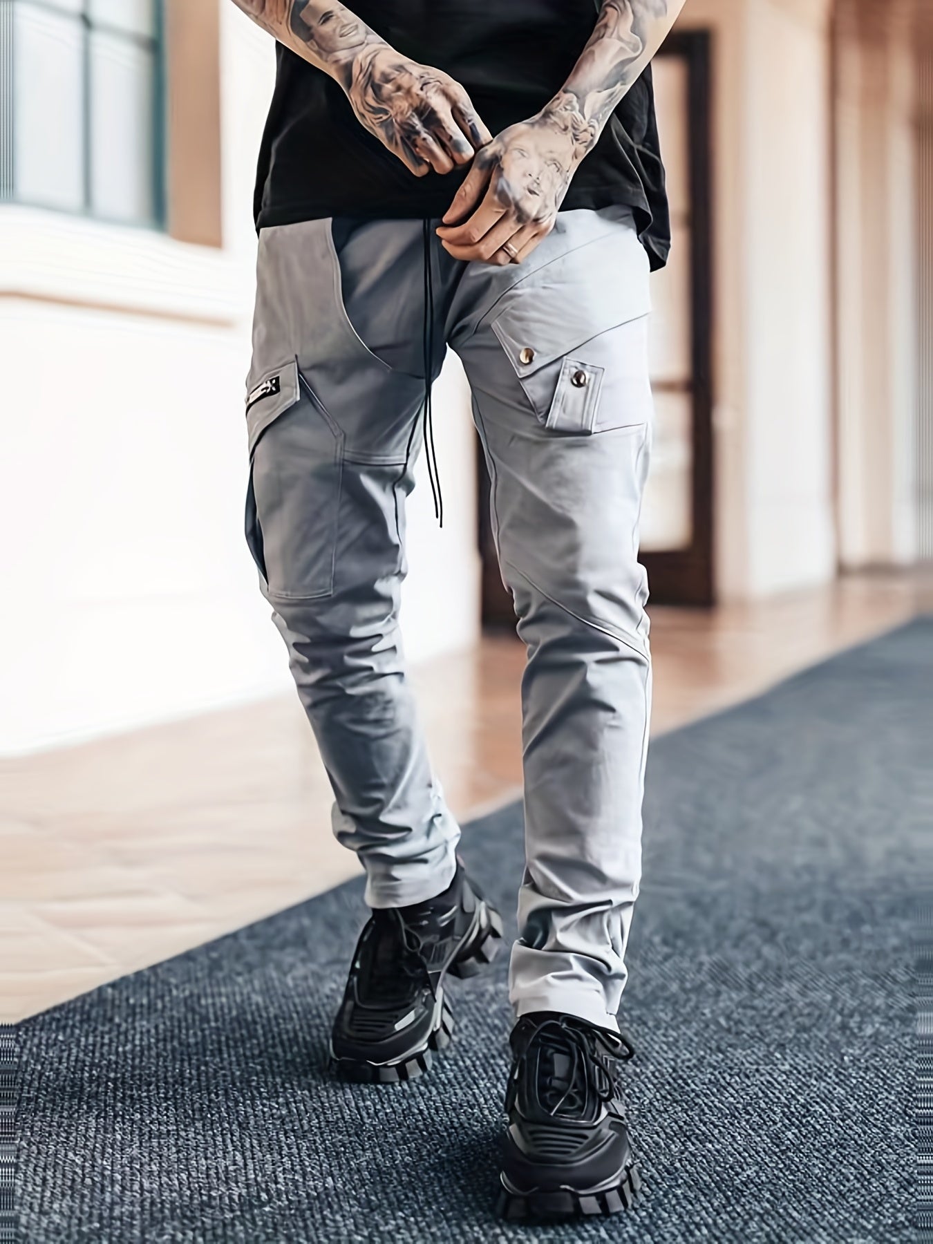 Men's Drawstring Cargo Pants Zip Pocket Slim Fit Outdoor Pants