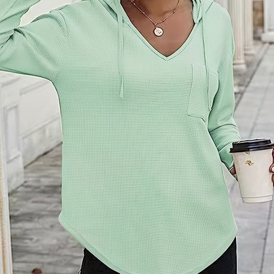 Solid Waffle Hoodies V Neck Sweatshirt With Drawstring