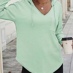 Solid Waffle Hoodies V Neck Sweatshirt With Drawstring