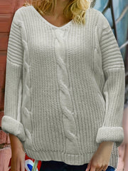 Casual Sweater Solid Cable Long Sleeve V Neck Stretch Jumper