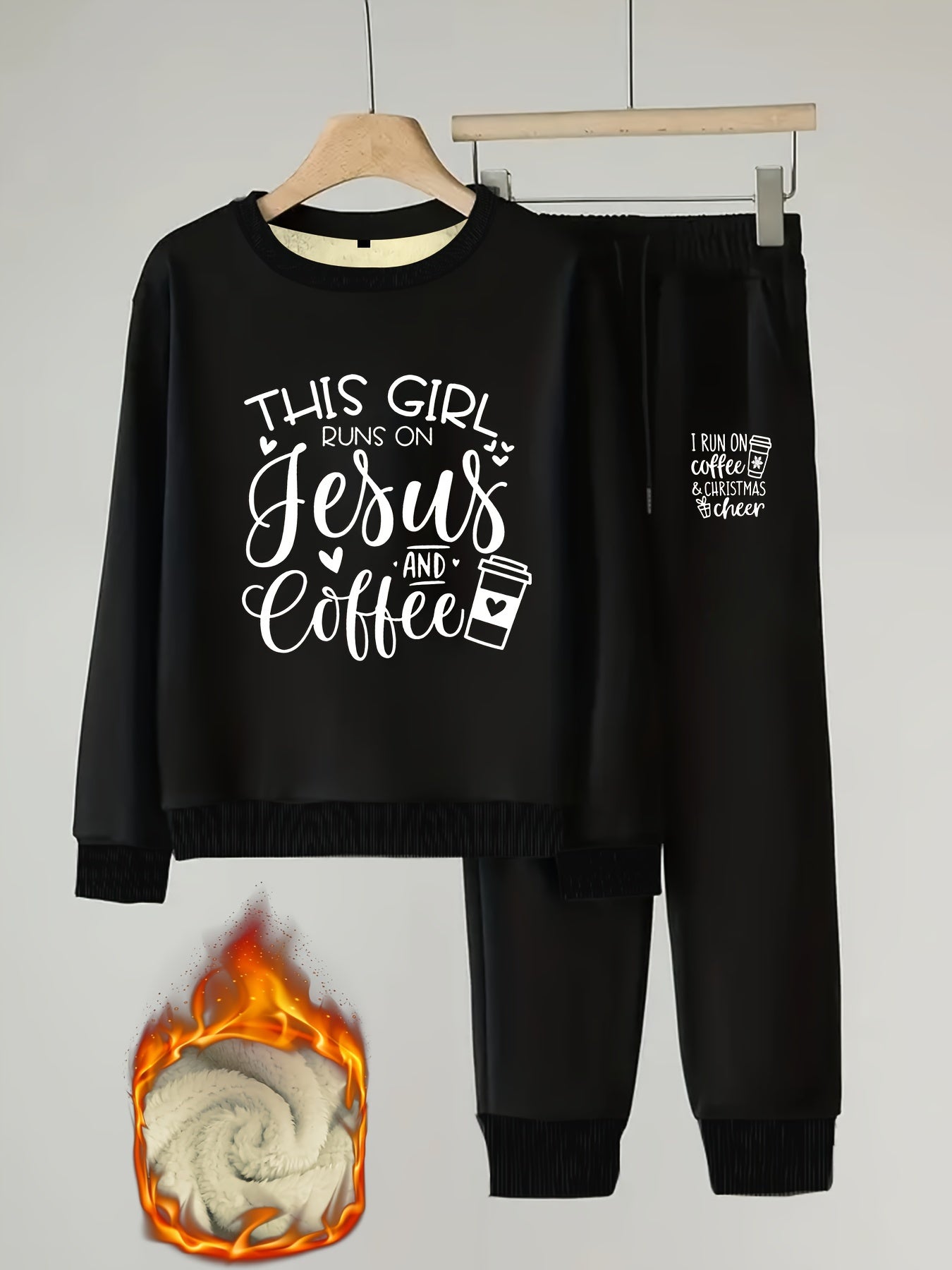 Women's Plus Coffee & Slogan Print Crew Neck Fleece Top & Joggers 2 Piece Set