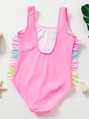 Girls Pink Unicorn One Piece Swimsuit Ruffles Patchwork Beach Bathing Suit