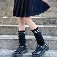 Striped Rib Knit Leg Warmers College Style All match Knee High Socks