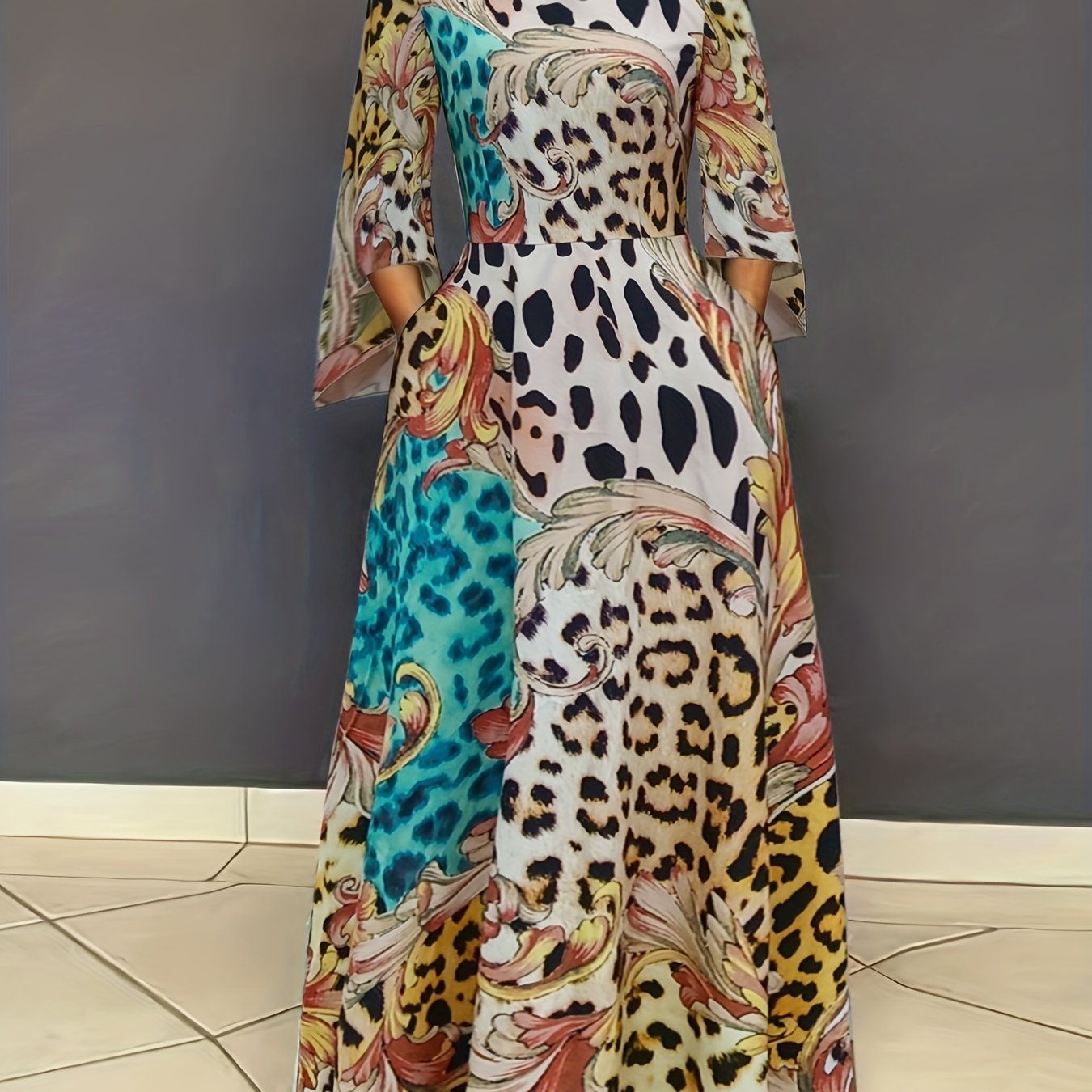 Leopard Print Splicing Dress Boho Maxi Dress With Pockets