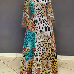 Leopard Print Splicing Dress Boho Maxi Dress With Pockets