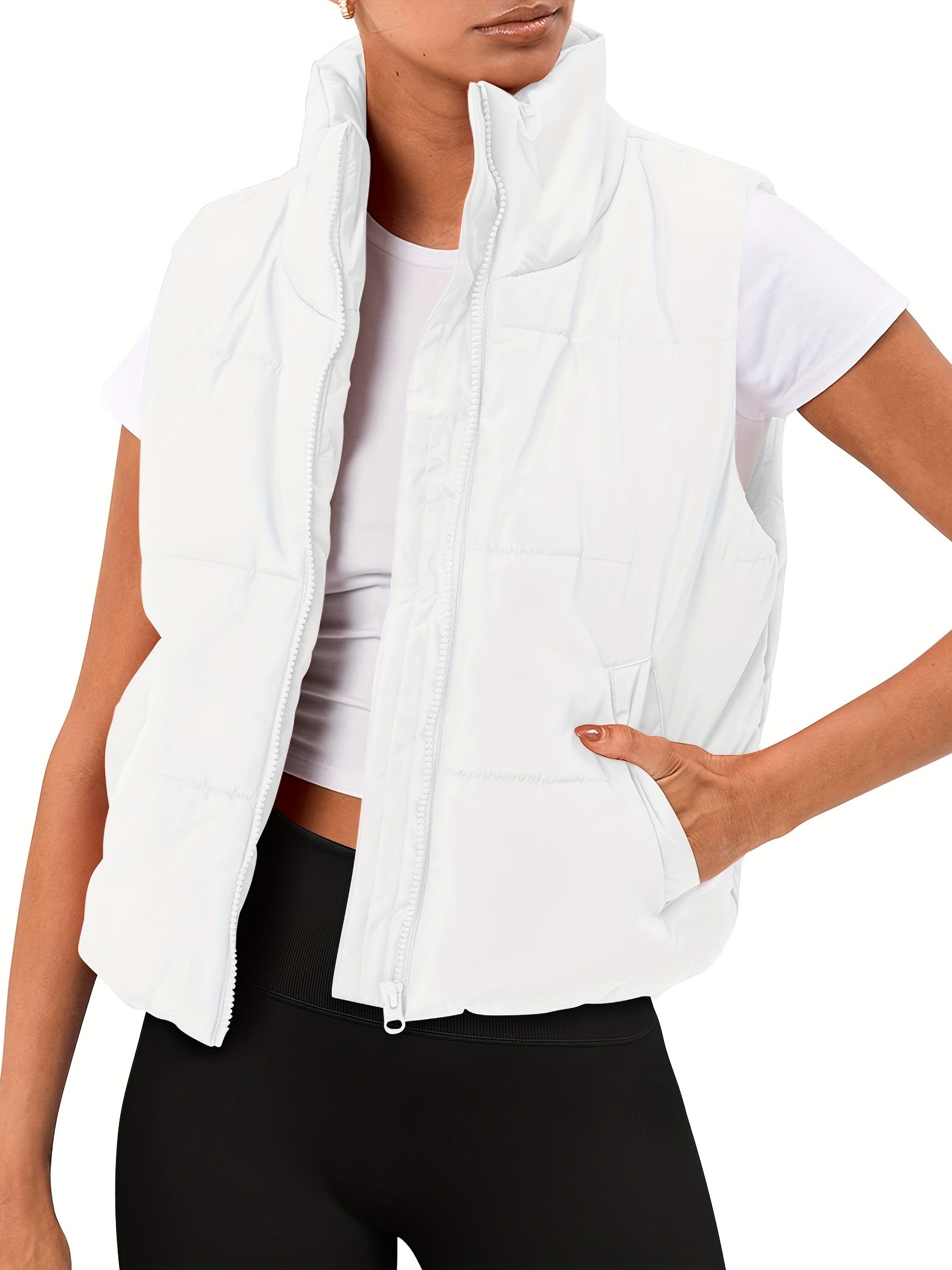 High Neck Zip Up Sleeveless Vest Women's Clothing