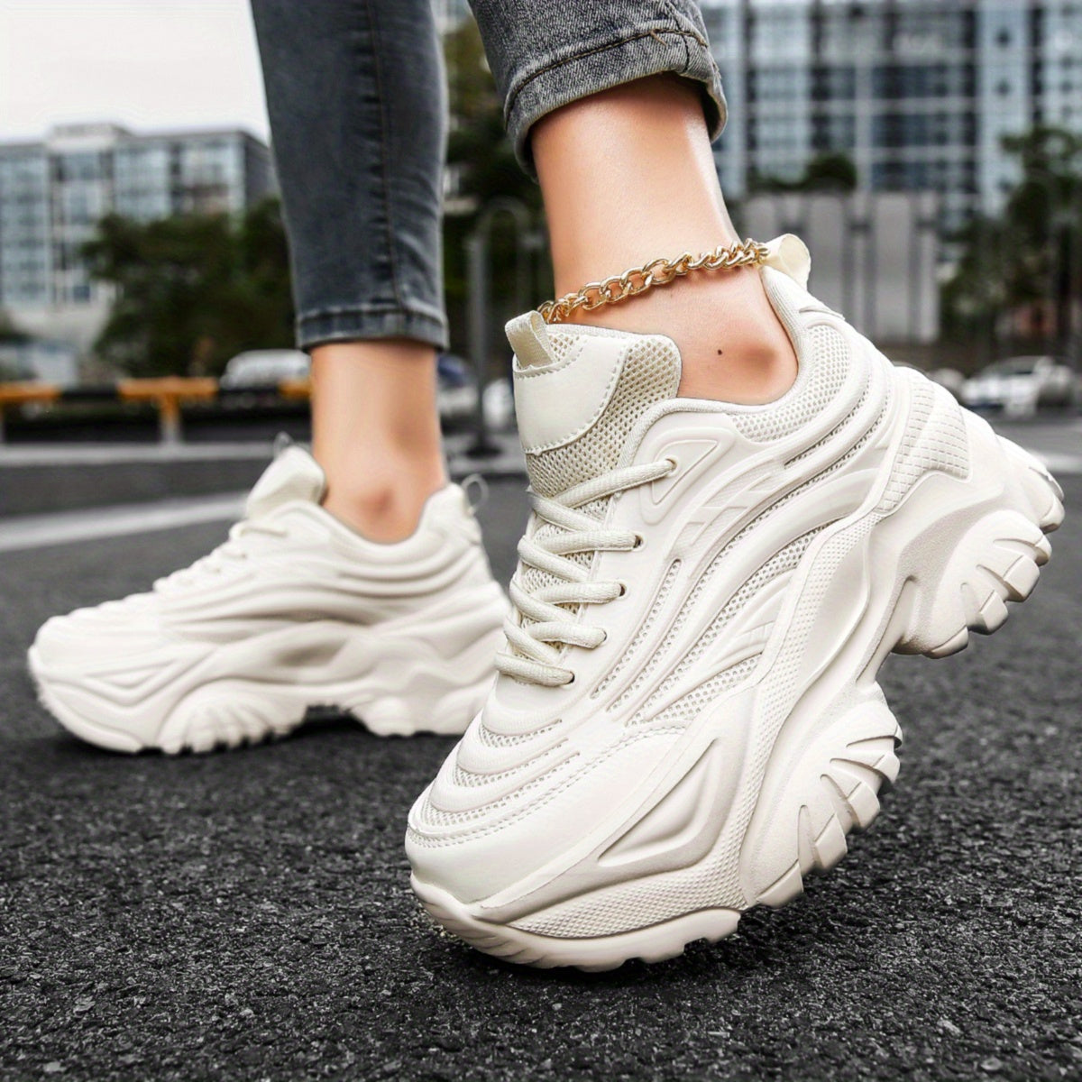 Women's Mesh Chunky Sneakers Lace Up Platform Shoes Comfortable Low Top