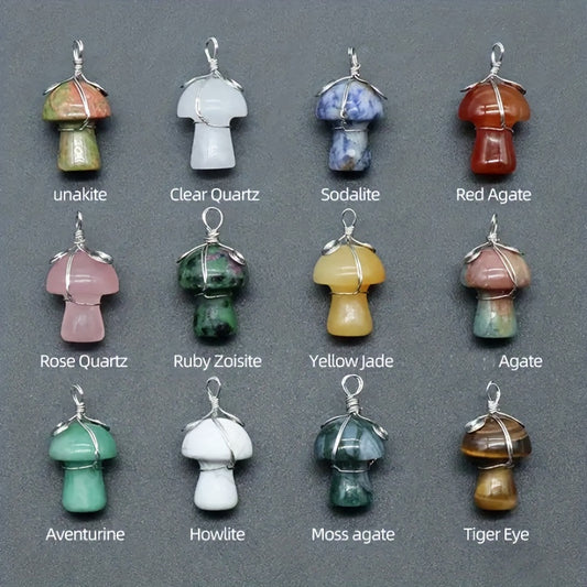 DIY Gemstone Quartz Mushroom Pendant Necklace with Stainless Steel Chain