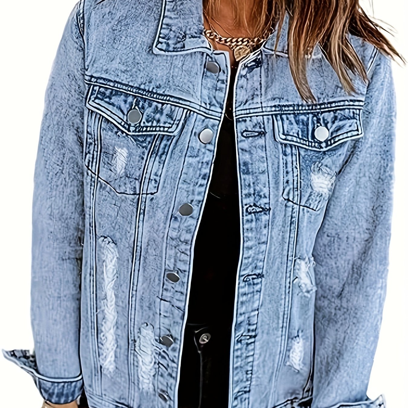 Ripped Holes Denim Jacket Long Sleeves Flap Pockets Lapel Women's Denim Coats