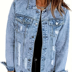 Ripped Holes Denim Jacket Long Sleeves Flap Pockets Lapel Women's Denim Coats
