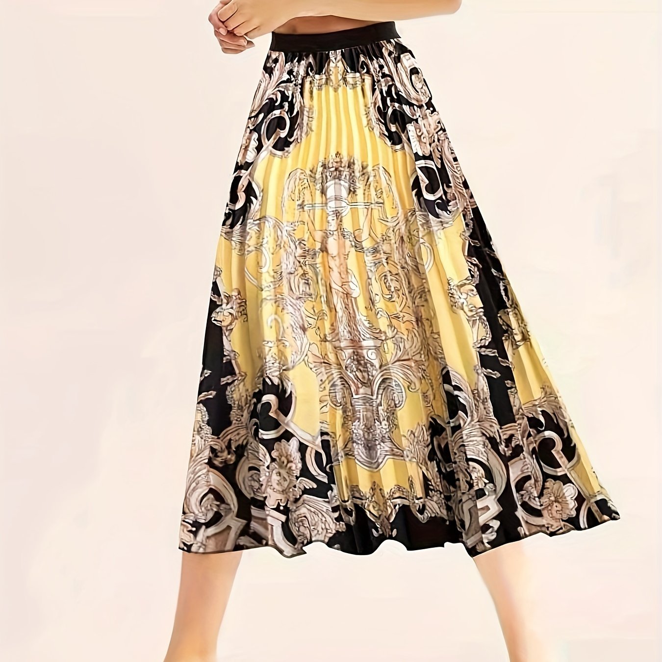 Baroque Print High Rise Pleated Maxi Skirt