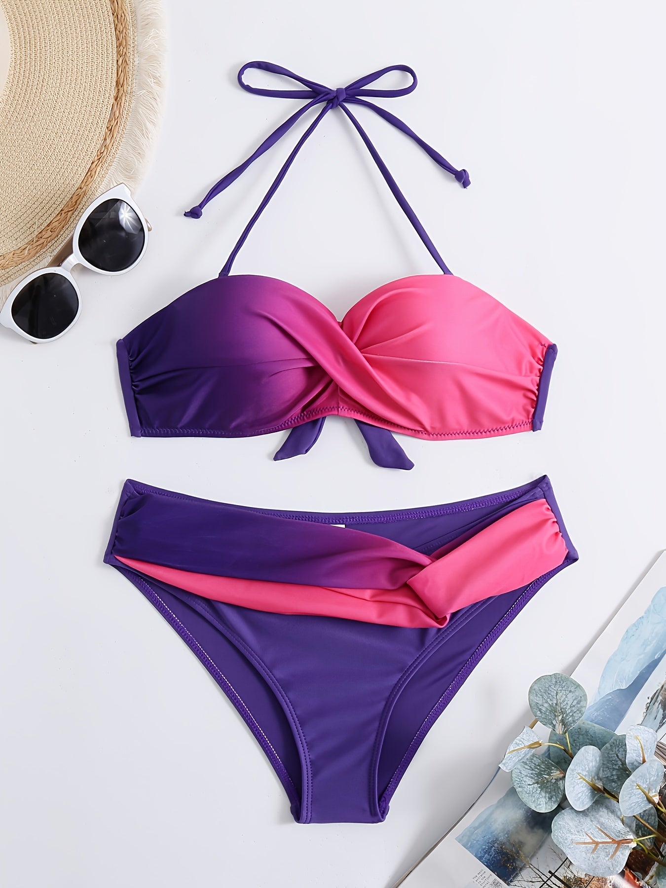 Ombre Twist Halter Tie Neck Bikini High Strech Low Waist 2 Piece Swimsuit