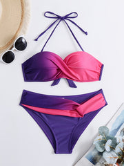 Ombre Twist Halter Tie Neck Bikini High Strech Low Waist 2 Piece Swimsuit