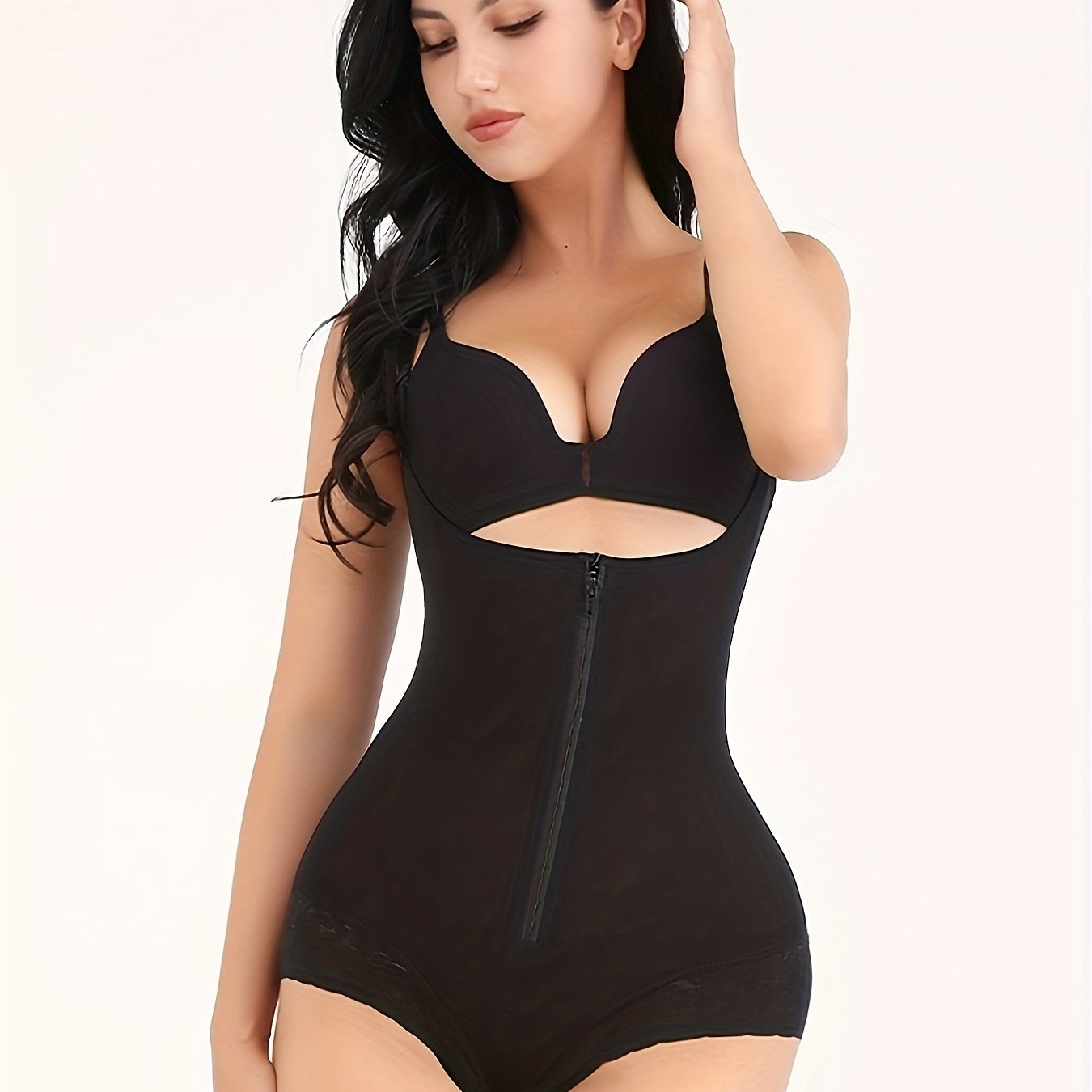 Lace Trim Shaping Romper Tummy Control Butt Lifting Zip Up Body Shaper