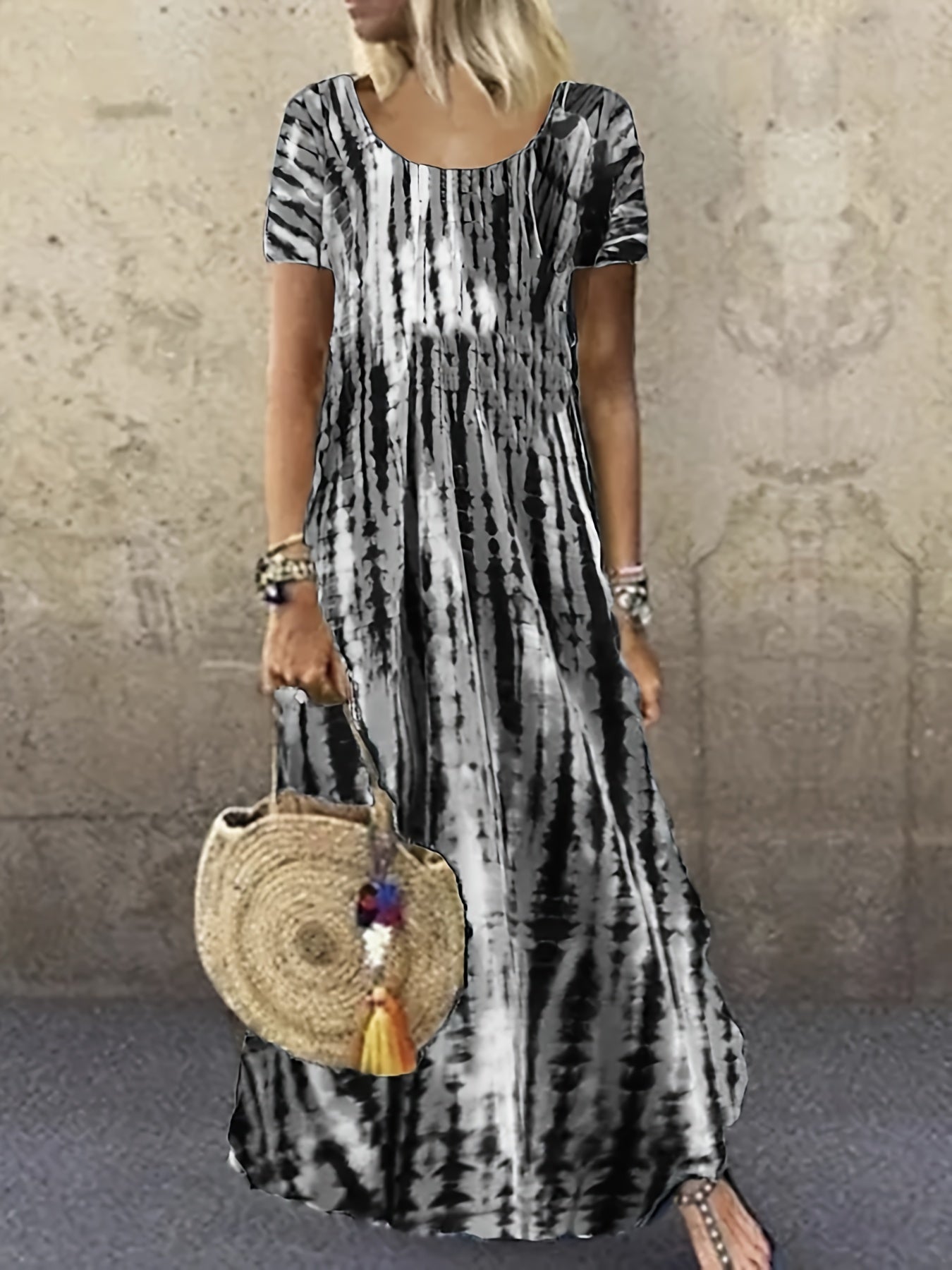 Tie Dye Striped Dress Short Sleeve Ankle Dress