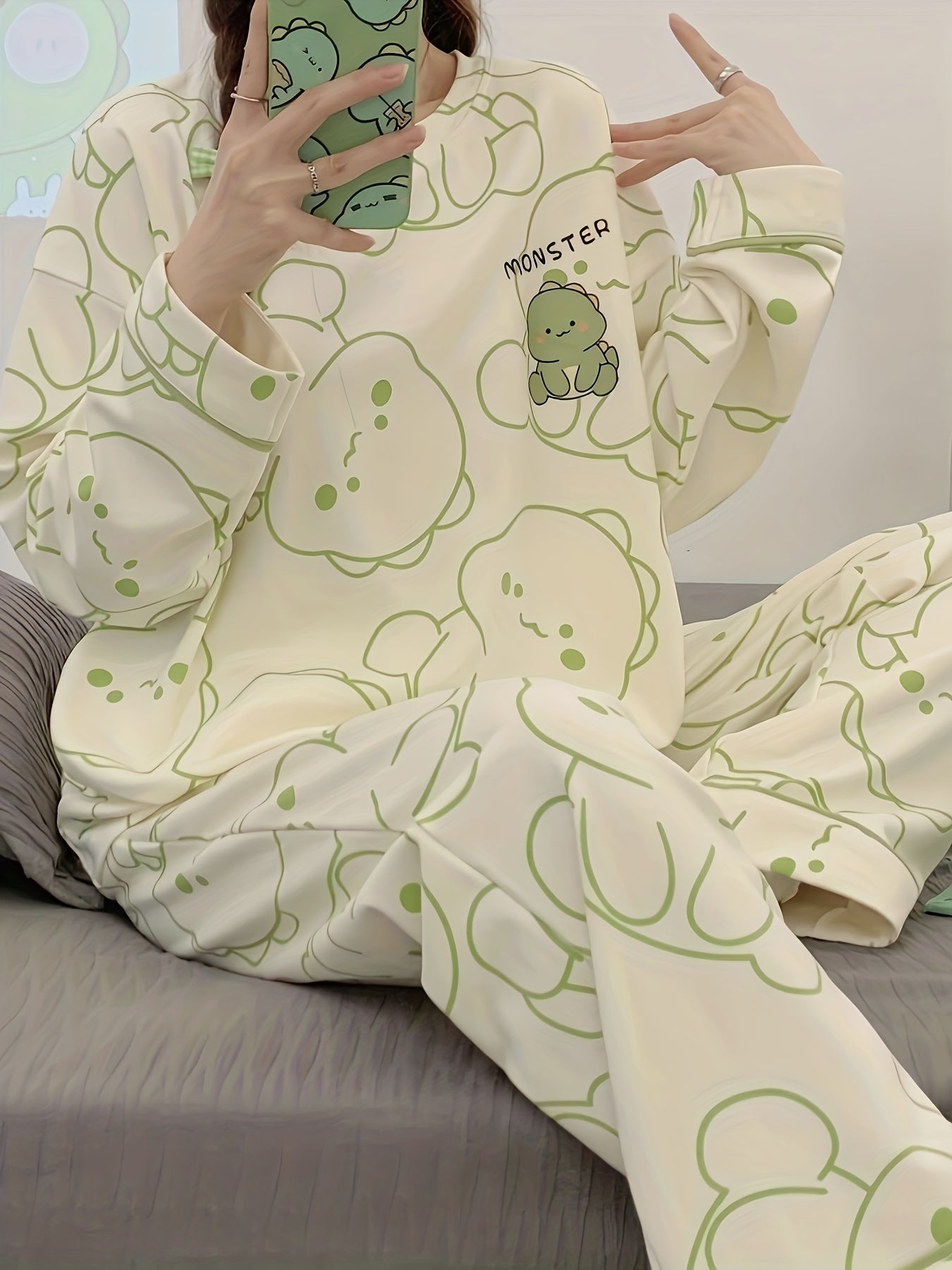 Dino Print Pajama Set Long Sleeve Top & Pants