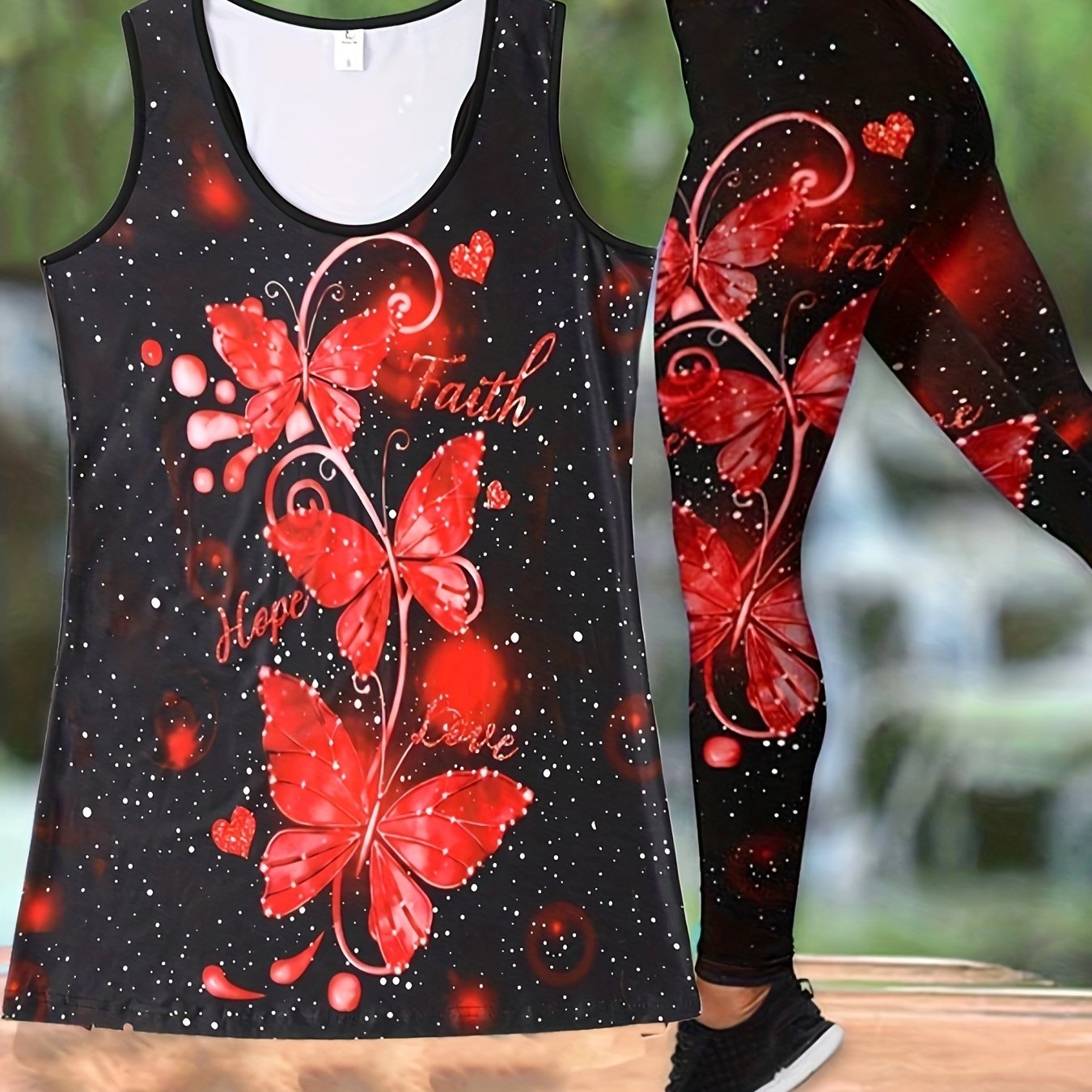 Butterfly Print Casual 2pc Set Tank Top & Slim Pants