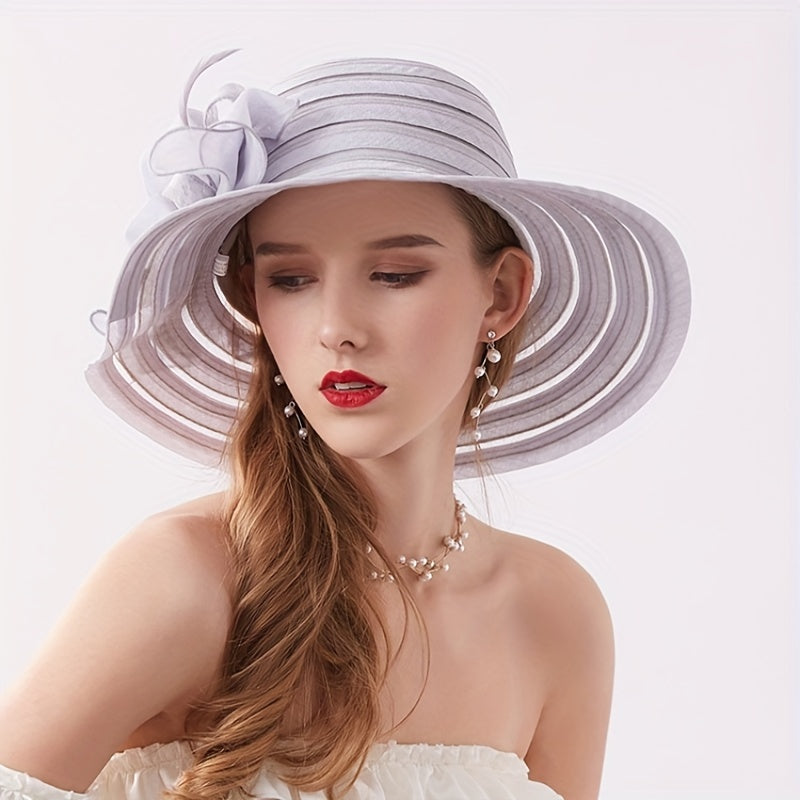 Striped Sun Hat Flower Decor Organza Church Derby Hats