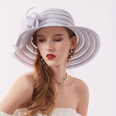 Striped Sun Hat Flower Decor Organza Church Derby Hats
