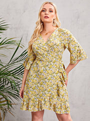 Floral Print V Neck Belted Wrap Midi Dress