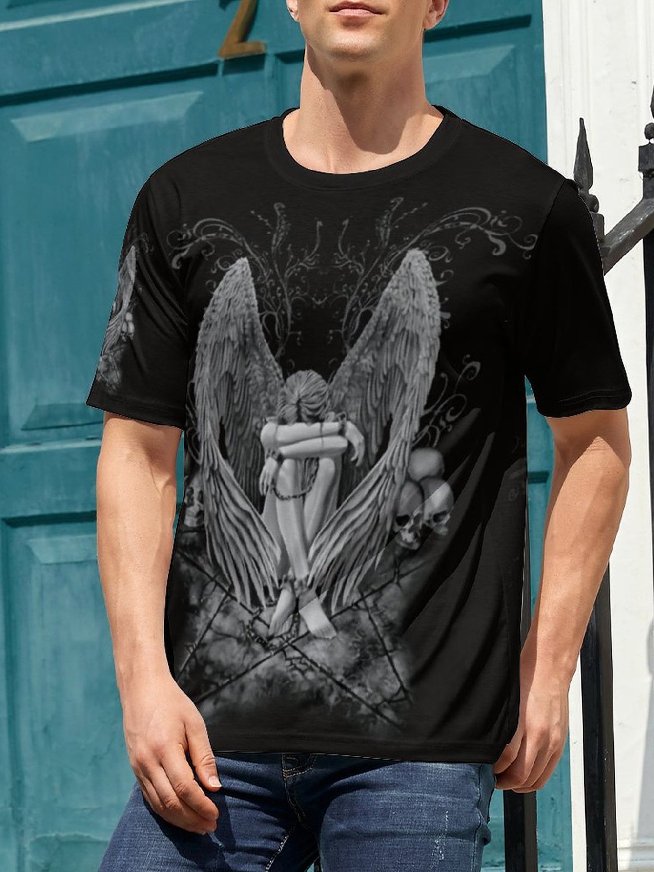 Skull Print Men's Graphic Crew Neck Active T shirt