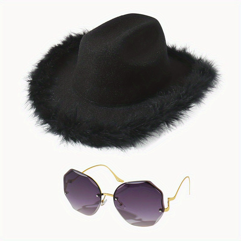 Y2K Feather Cowgirl Hat & Sunglasses Set - Cowboy Jazz Fedora Cap & Gradient Eye