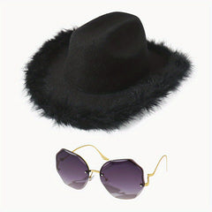 Y2K Feather Cowgirl Hat & Sunglasses Set - Cowboy Jazz Fedora Cap & Gradient Eye