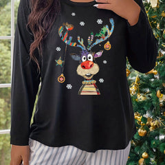 Women's Plus Size Elk & Snowflake Graphic Long Sleeve Round Neck T-shirt