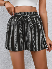 Striped Print Tie Front Shorts Wide Leg Summer Casual Shorts