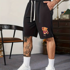 Cartoon Bear Pattern Comfy Shorts Men's Casual Elastic Waist Shorts