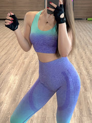 2pcs Yoga Workout Set Gradient Racerback Sports Bra & Leggings Suit