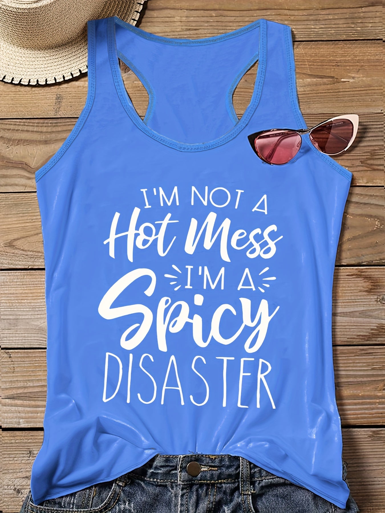 Slogan Print Round Neck Vest Top