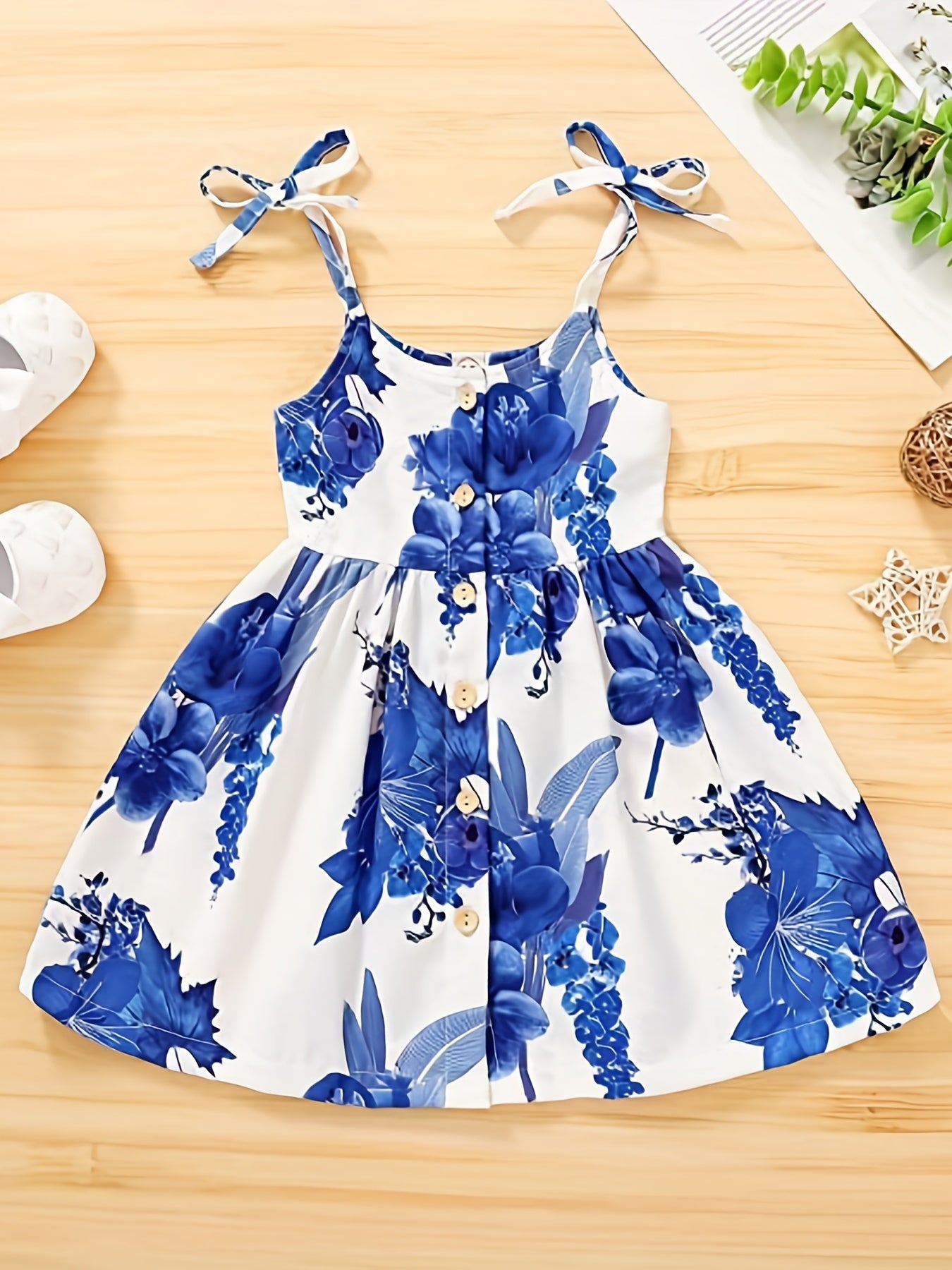 Girls Floral Print Summer Party Dress Lace Up Straps Cami Dress