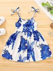 Girls Floral Print Summer Party Dress Lace Up Straps Cami Dress