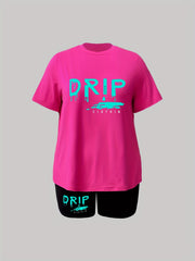 Women's Plus Dripping Letter Print Tee & Shorts Set
