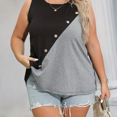 Colorblock Button Round Neck Tank Top