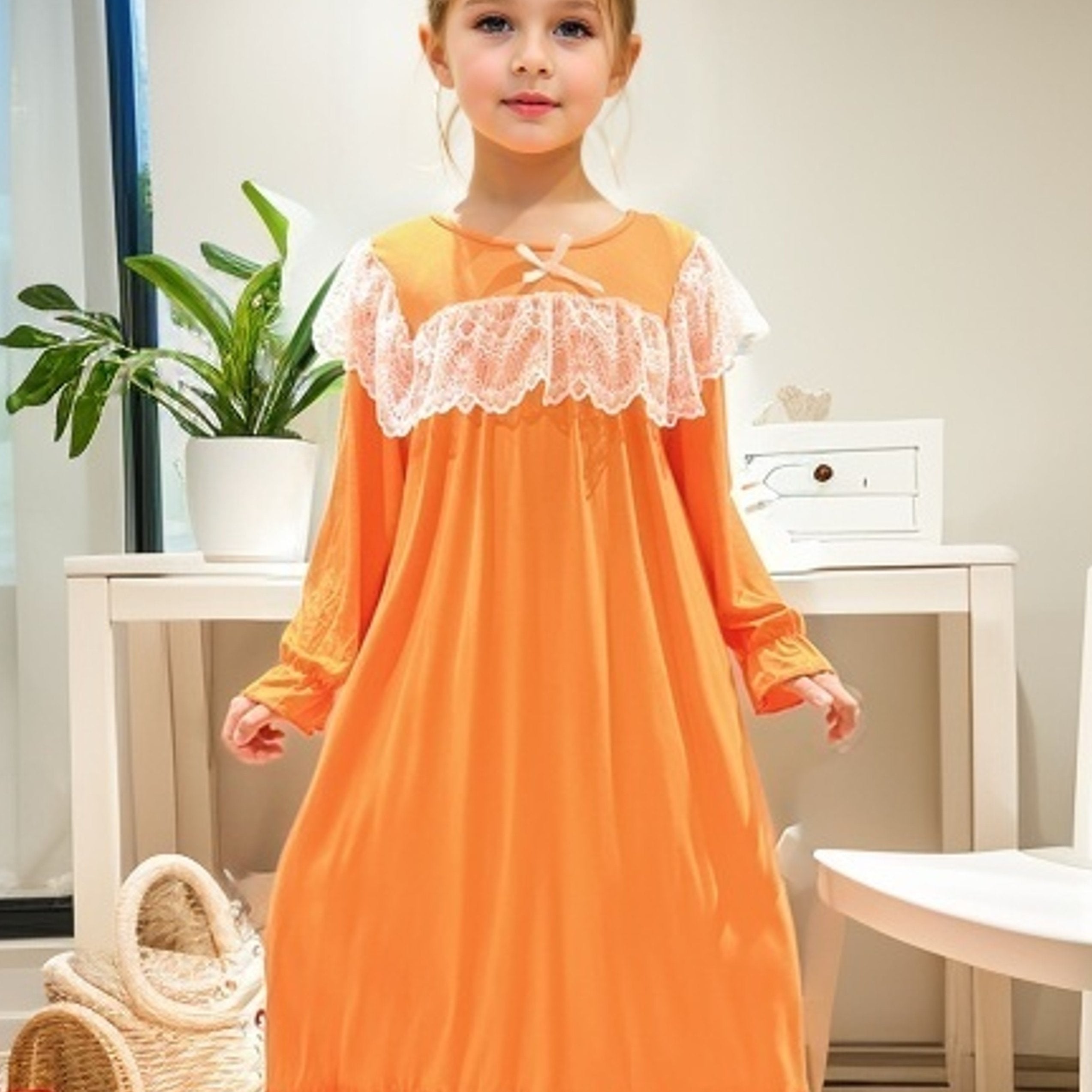 Girls Long Sleeve Princess Nightdress Lace Bow Solid Pajamas