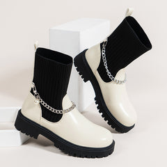 Elastic Pearl Chain Slip On Sock Boot Chunky Heel Round Head Boot