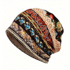 Vintage Floral Print Beanie Boho Warm Knit Hat