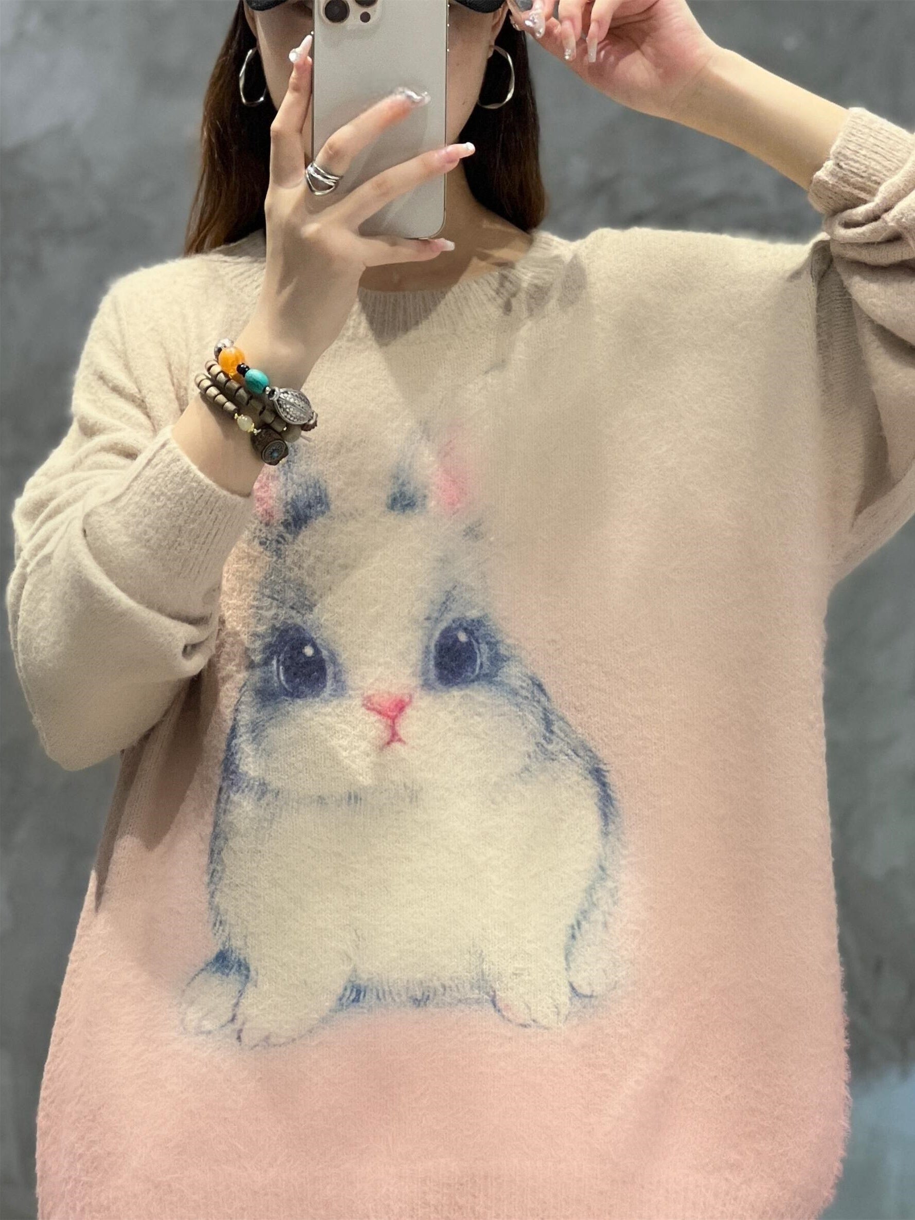 Rabbit Print Long Sleeve Round Neck Jumper