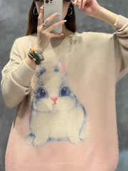 Rabbit Print Long Sleeve Round Neck Jumper