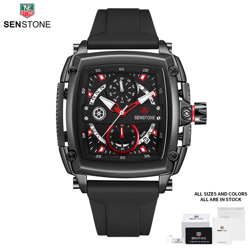 SENSTONE Square Sports Watch Stainless Steel Multifunction Chronograph