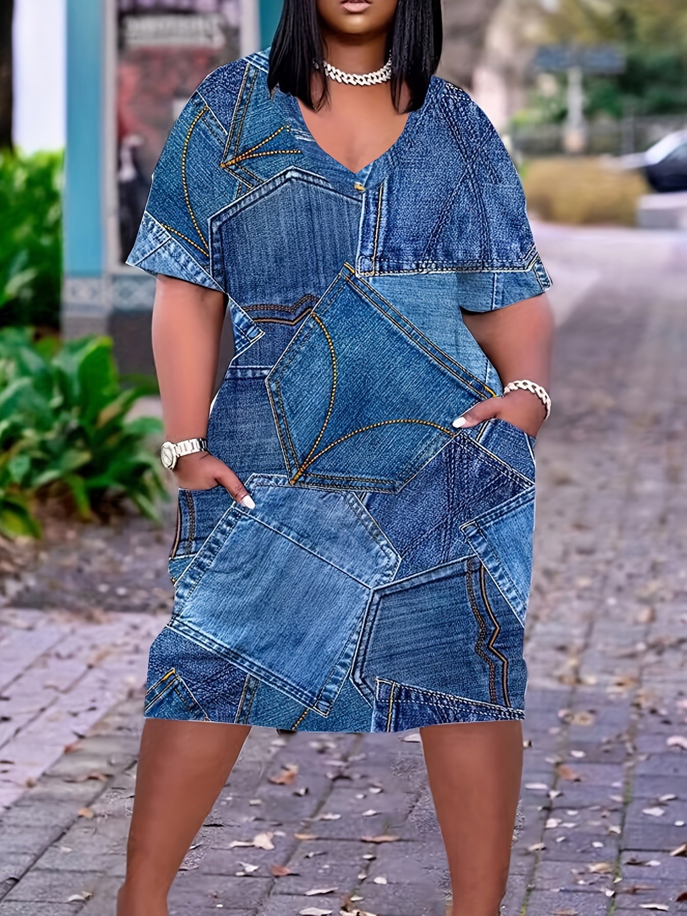 Denim Print V Neck Dress With Pockets